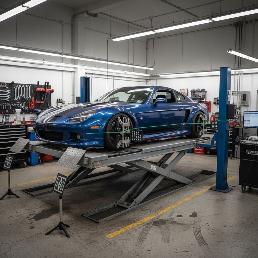 Lowered street car on an alignment rack with laser sensors attached to the wheels