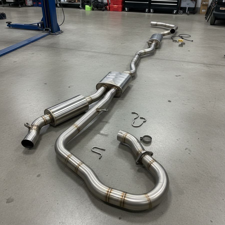 Stainless steel cat-back exhaust system laid out on a shop floor before installation
