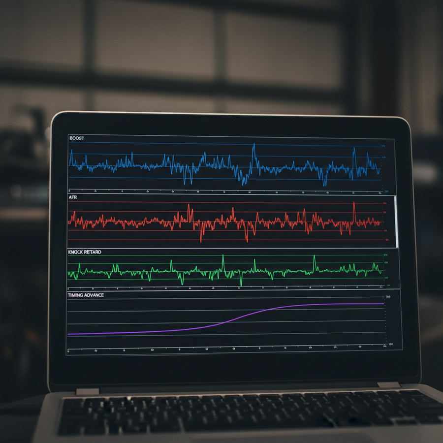 Datalogging software showing AFR and boost traces on a laptop screen