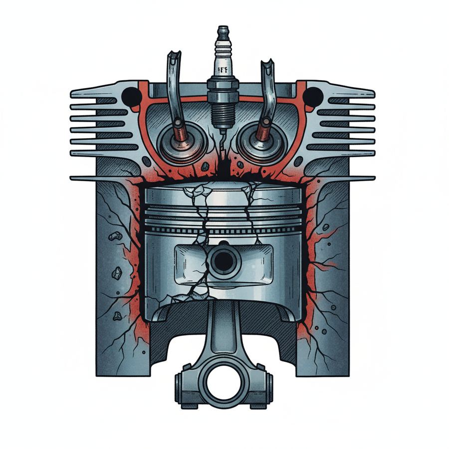 Piston crown showing detonation damage from uncontrolled knock