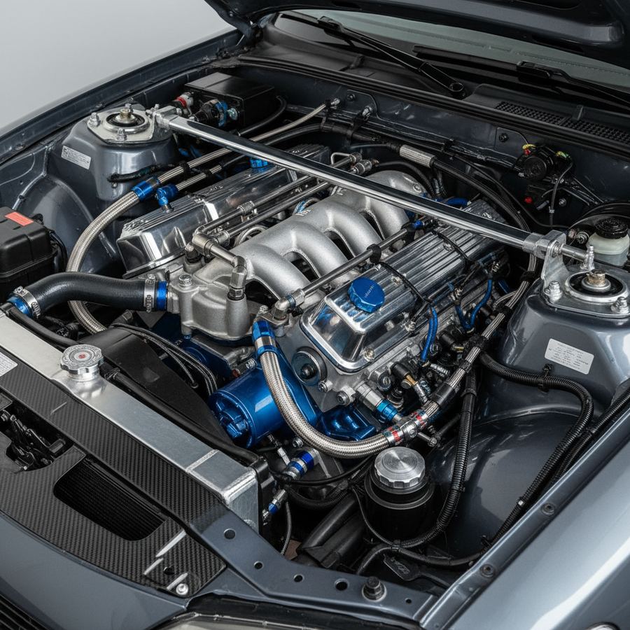 Clean and well-maintained engine bay of a modified street car