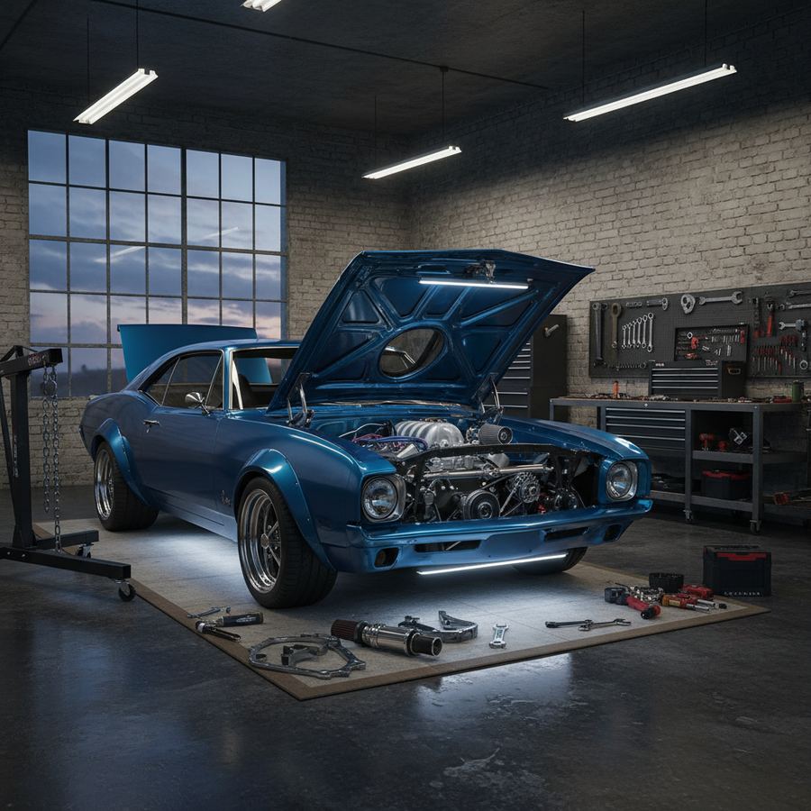 Modified street car at night with hood open showing turbo setup