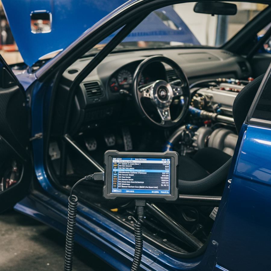 OBD2 diagnostic scanner plugged into a modified turbocharged car