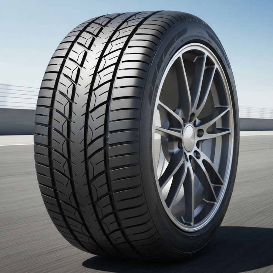 Close-up of a high-performance tire mounted on a lightweight wheel
