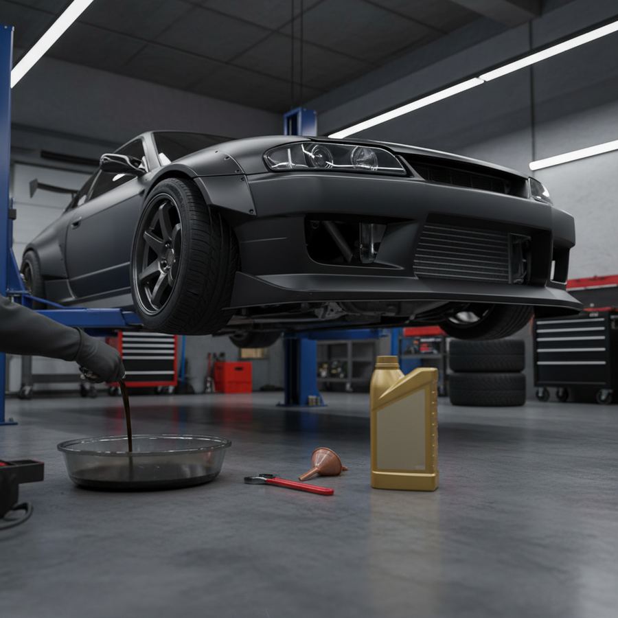 Engine bay of a modified car during an oil change with tools laid out