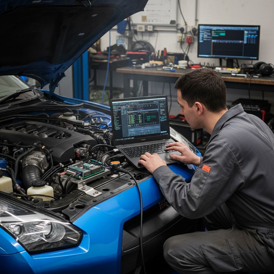 Laptop connected to OBD port with ECU tuning software on screen