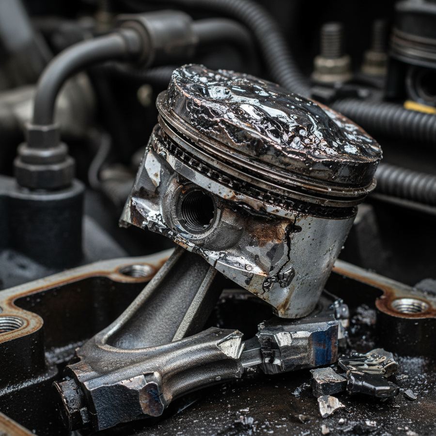 Destroyed piston with a hole melted through the crown from detonation damage